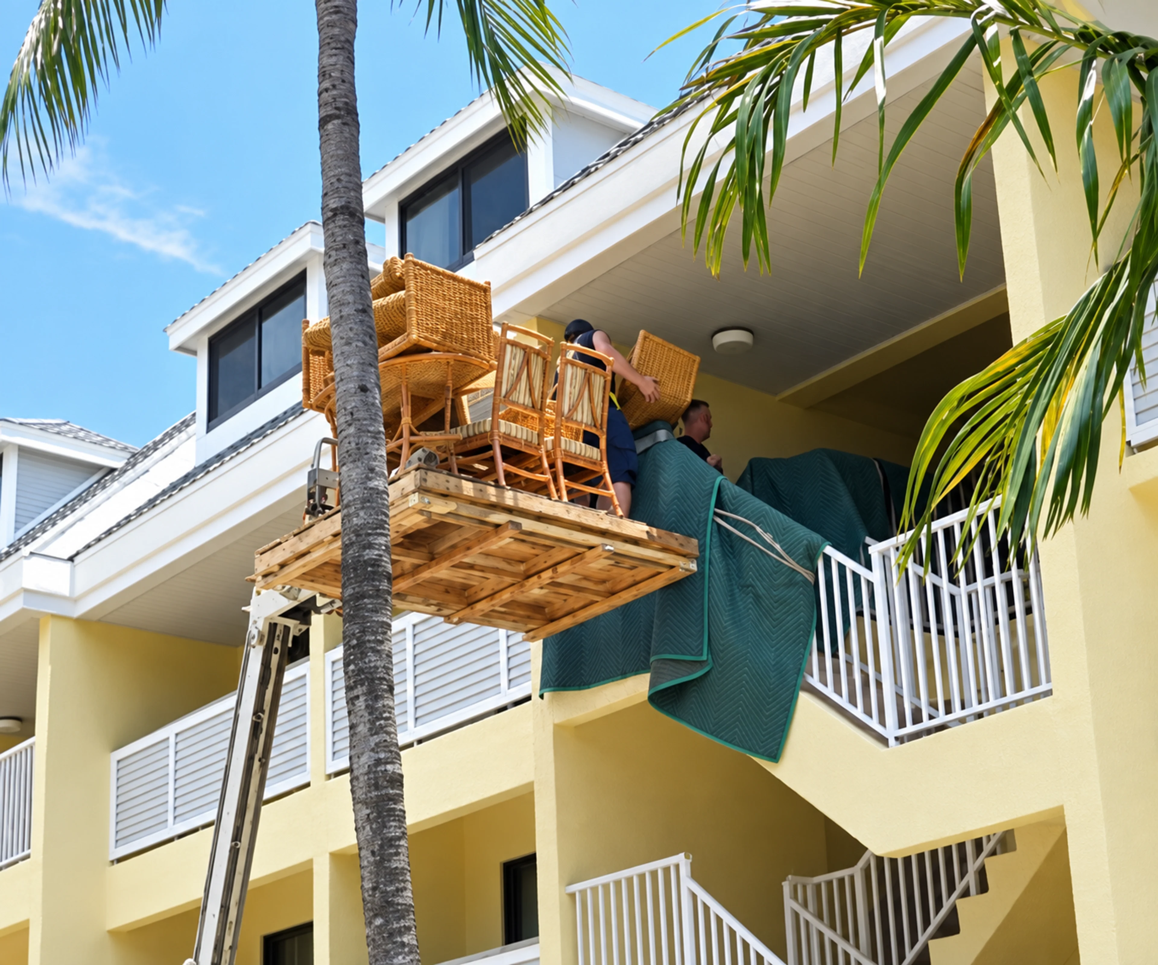 Moving equipment lifting furniture beside an upper floor balcony
