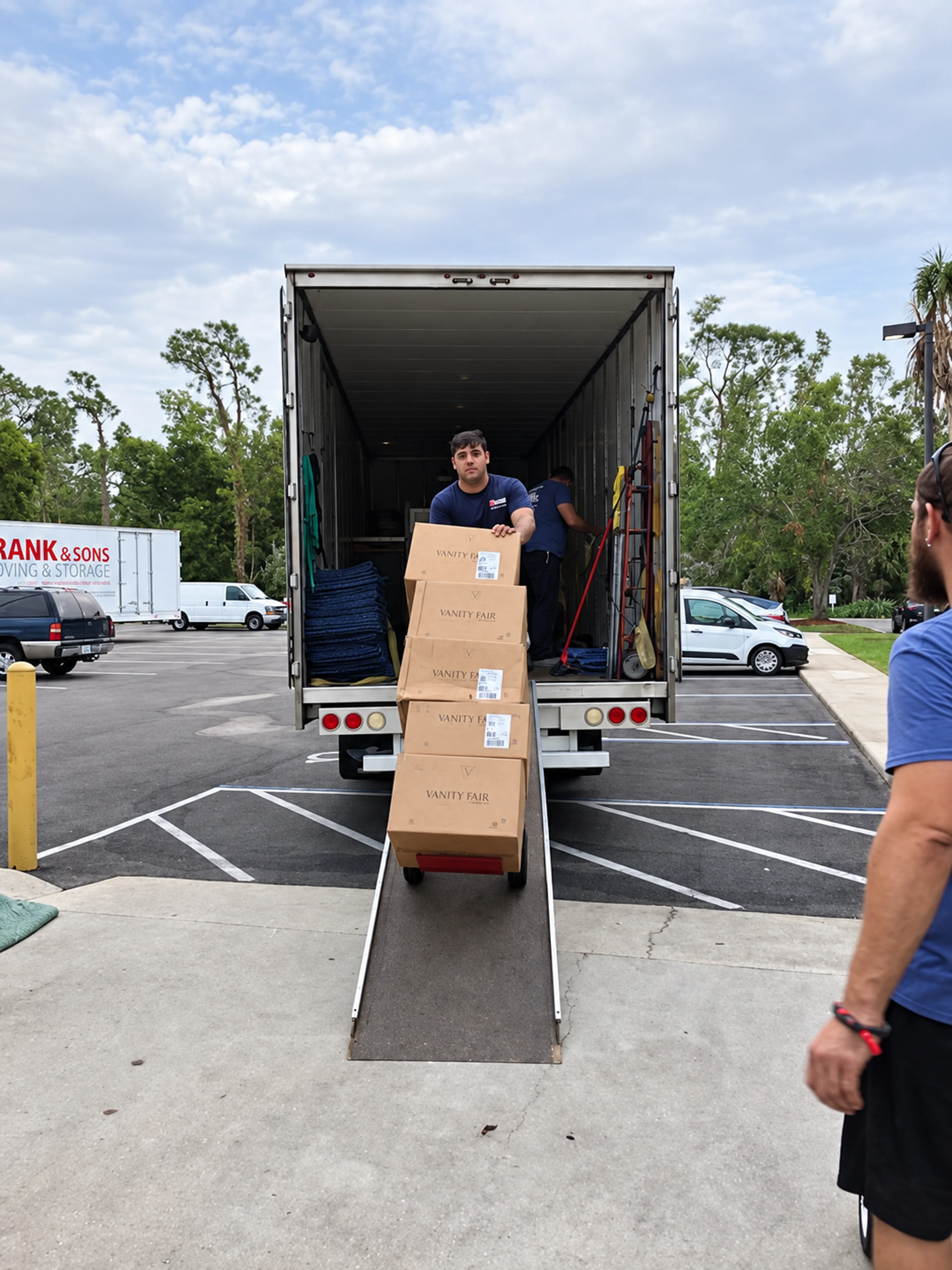 A mover with cartons on the loading ramp of a moving truck