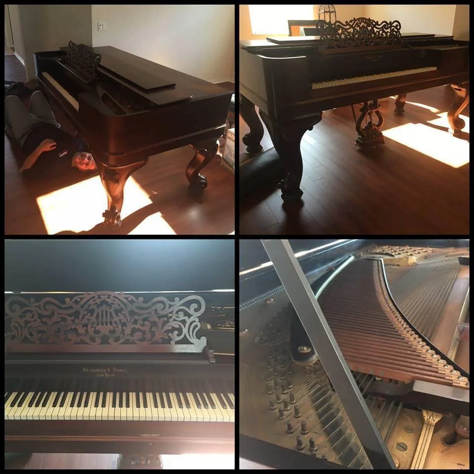 Four company photographs showing a grand piano and its decorative details