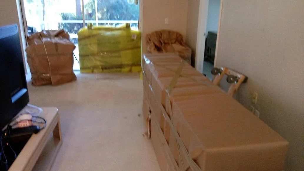 Household cartons packed and grouped inside a home