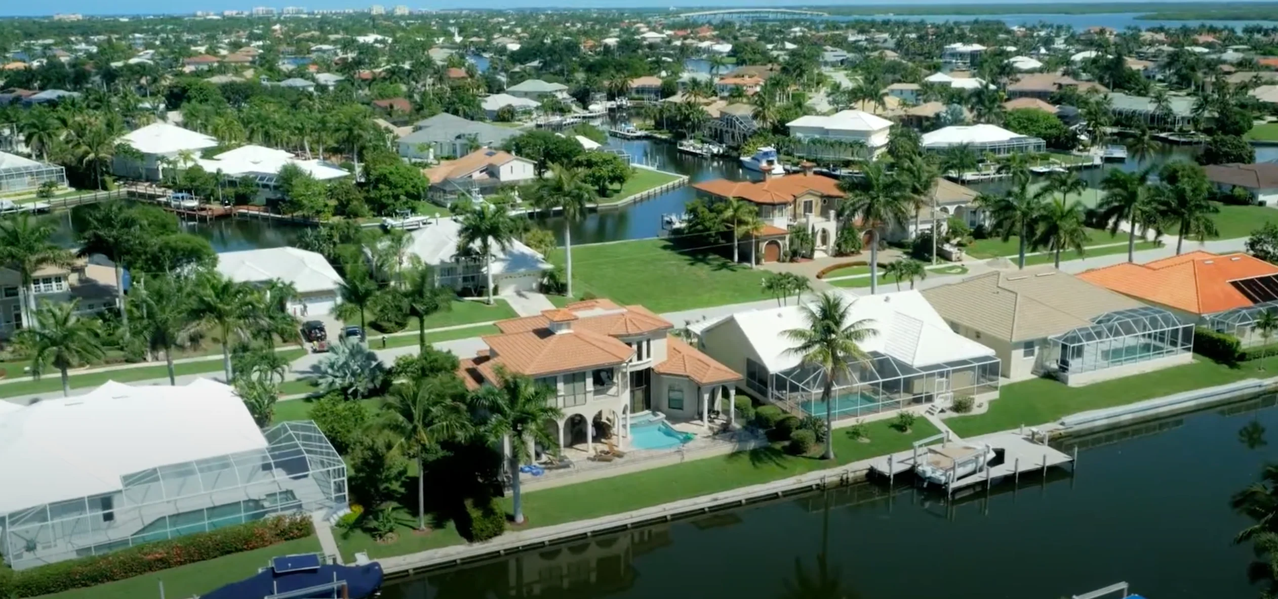 Waterfront homes and canals on Marco Island viewed from above