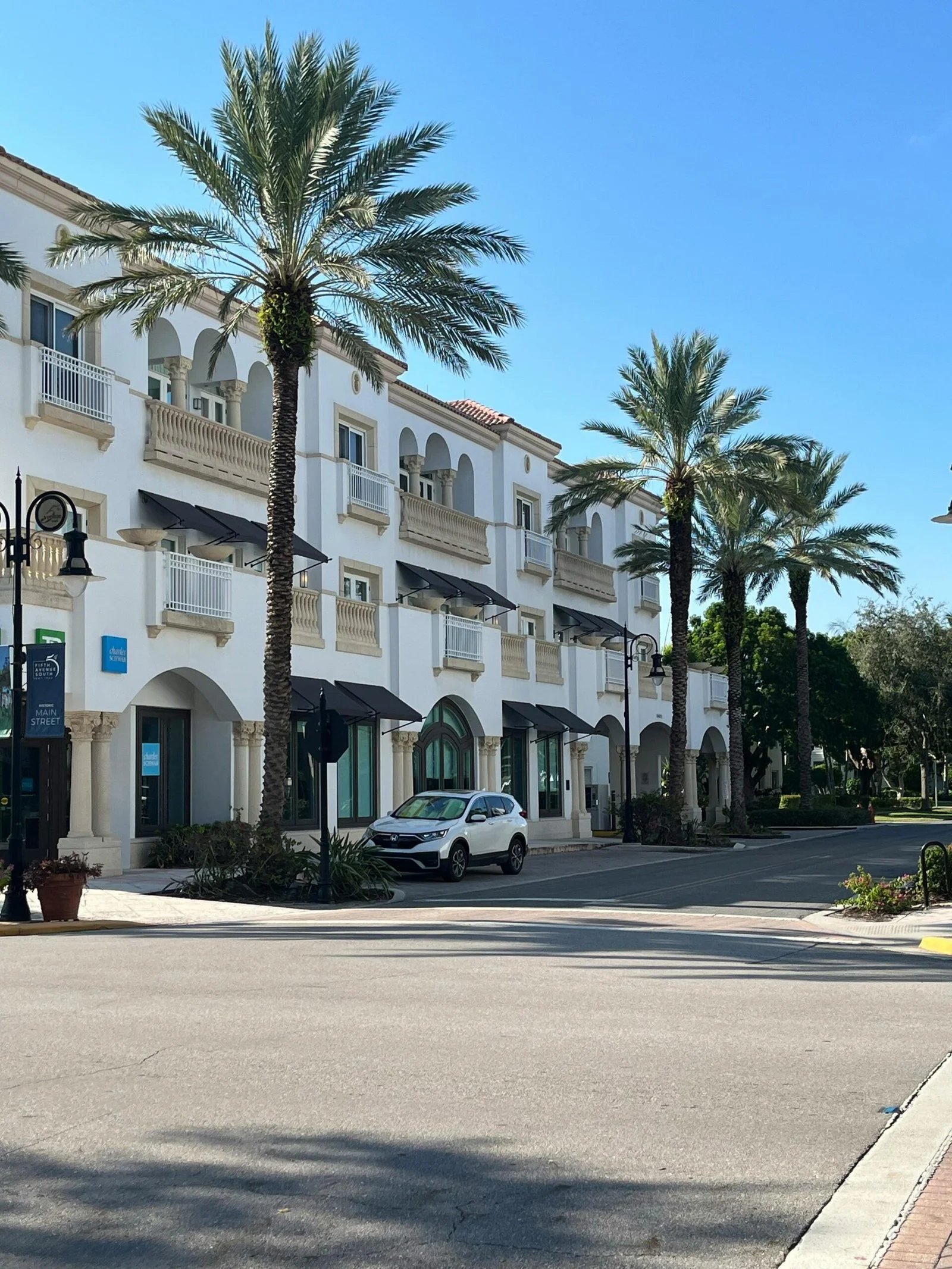 Palm trees and shops along a Naples avenue